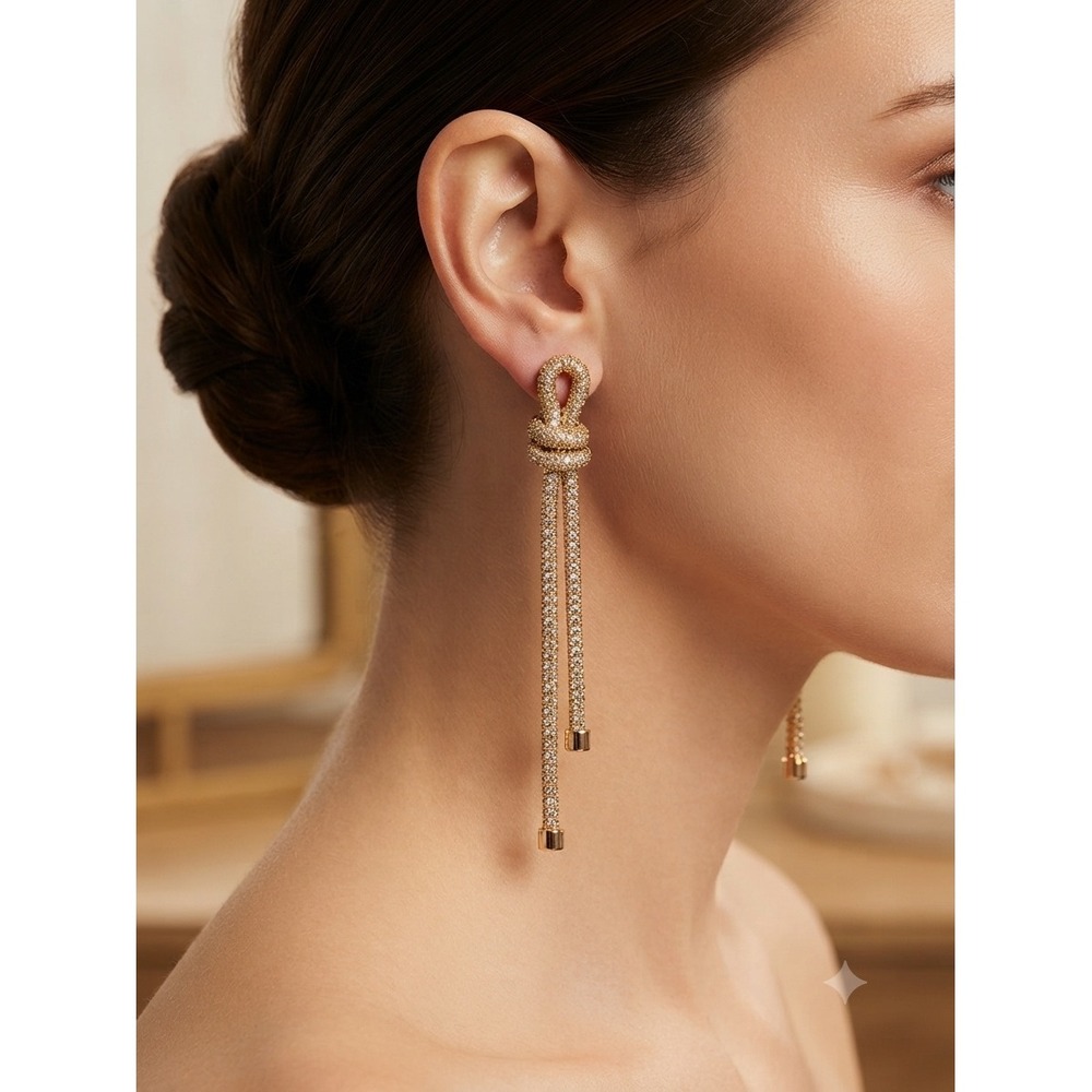 Gold Tone Pave Crystal Knot Drop Earrings Rhinestone Long Chandelier‎ Statement